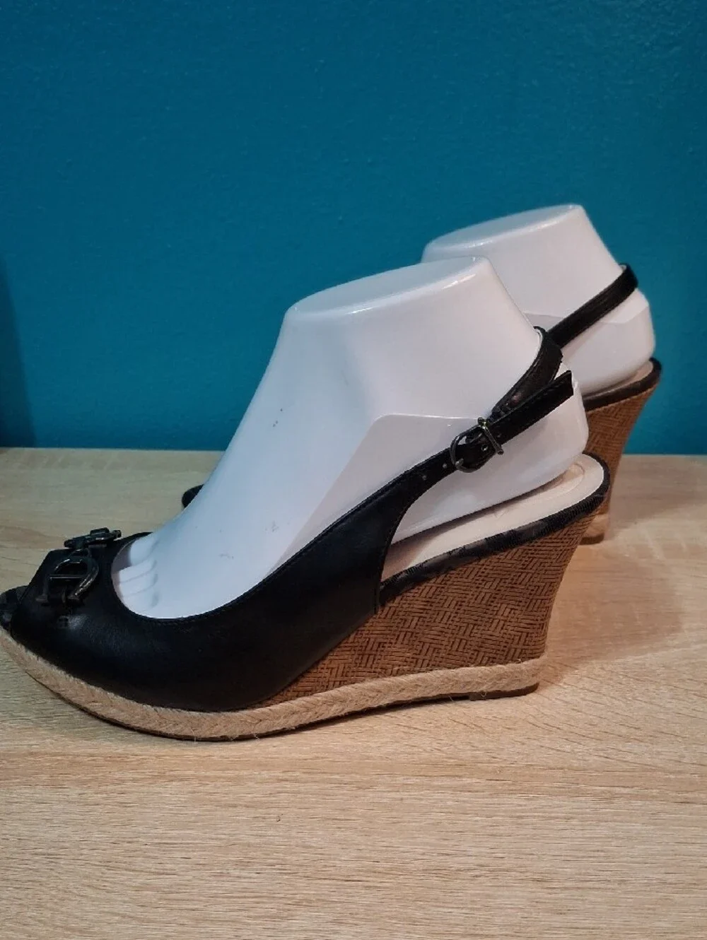Etienne Aigner Olexa Black Peep-Toe Wedge Slingbacks